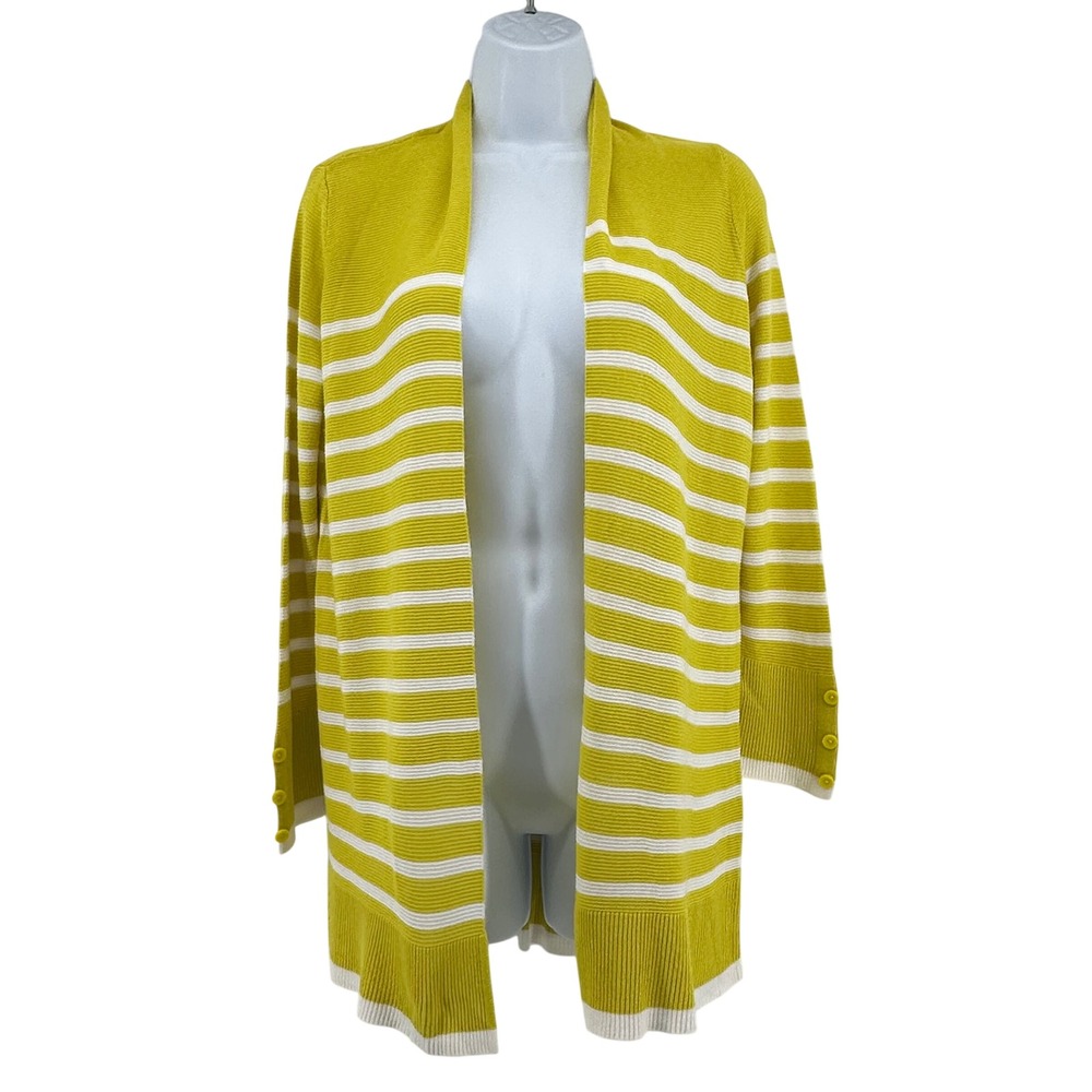 Cyrus Striped Open Front Cardigan Women Large Chartreuse Layering Coastal Yellow